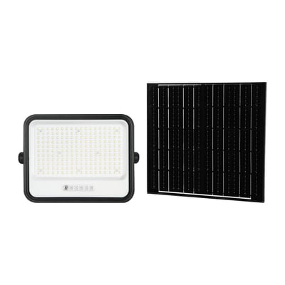 V-TAC 400W LED projektør og solpanel separat på hvid baggrund, sort hus.