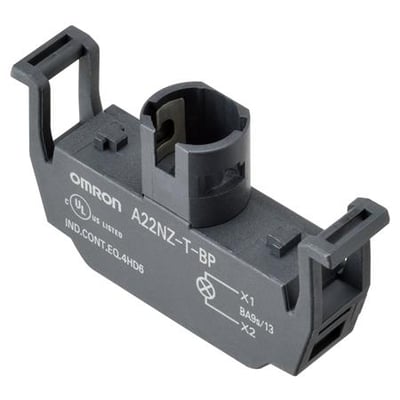 Omron A22NZ-T-CP belysningsenhed med push-in terminal til 24 VAC/DC drift, vist i grå plast på hvid baggrund.