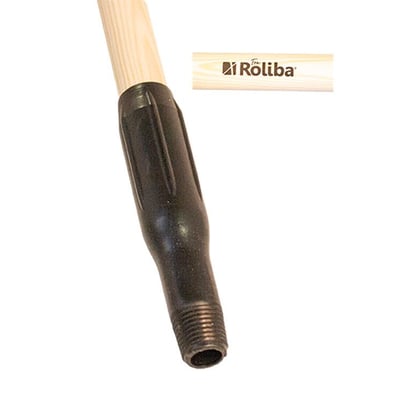 Roliba træskaft i ramin træ med sort gevind adapter og Roliba logo, 1500 mm langt og 25 mm i diameter.