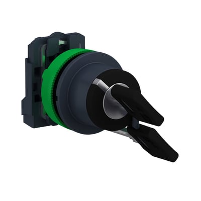 Schneider Electric komplet nøglegreb flush XB5FG21 med 2 faste positioner og Ronis 455 nøgle, med grønt og sort design.
