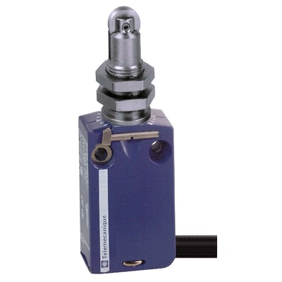 Schneider Electric endestop i metal med M12 stempel, rulle og kabel på hvid baggrund.