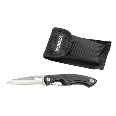 Ironside foldekniv på 178 mm med sort greb og udfoldet blank klinge samt sort tekstilhylster ved siden af.