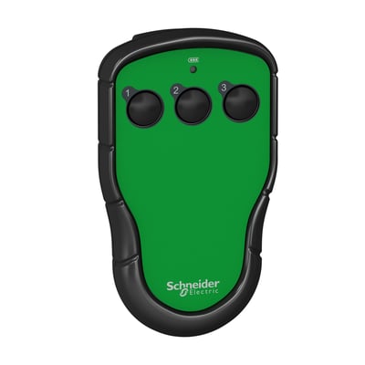 Schneider Electric ZART03 pocket sender med 3 sorte knapper og grønt frontpanel, IP67-klassificeret.