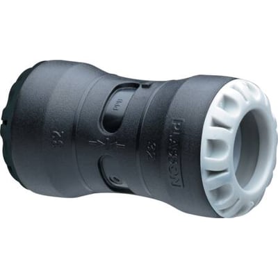 Push-in samlemuffe af sort plast til 25 mm rør, med hvidt spændehus og synlige markeringer for størrelse og type. Produktet er placeret på en neutral baggrund.