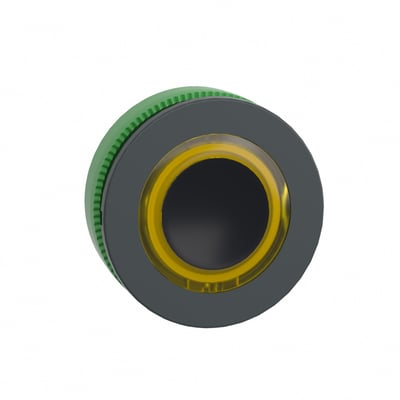 Bagsidevisning af Schneider Electric Harmony XB5/ZB5 flush trykknaphoved med gul ring og grøn monteringsring, klar til installation i 30 mm hul.