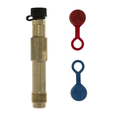 IMI TA måleudtag med sort topventil og to beskyttelseshætter i rød og blå til 3/8" tilslutning.