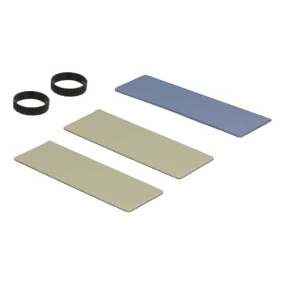 DeLock sort M.2 køleplade med tre selvklæbende termopuder og to sorte ringe på en lys grå baggrund.