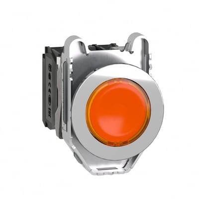 Schneider Electric Lampetryk Flush XB4F i orange med 230V, 1NO-1NC kontakter og LED lysmodul, monteret på hvid baggrund.