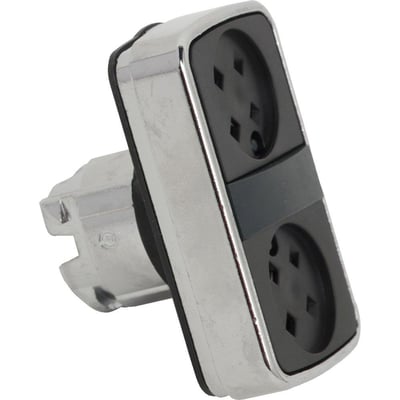 Vinklet billede af Schneider Electric dobbelt trykknap med krom detaljer og 22 mm monteringsdiameter.