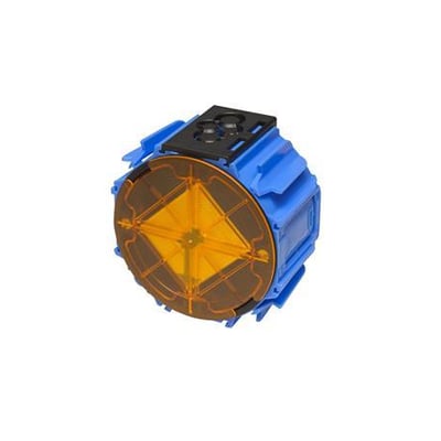 KK Sourcing indmuringsdåse til kabler, 1 modul, med en diameter på 82mm, udført i halogenfri plast med blå yderside og orange låg.