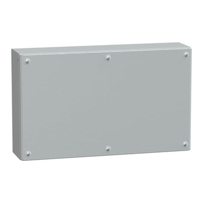 Bagsiden af Schneider Electric metalklemkasse i RAL 7035, viser skruemonteringshuller til fastgørelse.