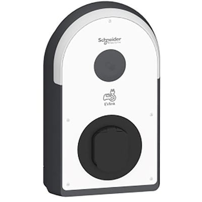 Schneider Electric EVlink Pro AC ladestander med Type 2 udtag, MID energimåler og gråt kabinet, fremstillet i robust plast og metal.