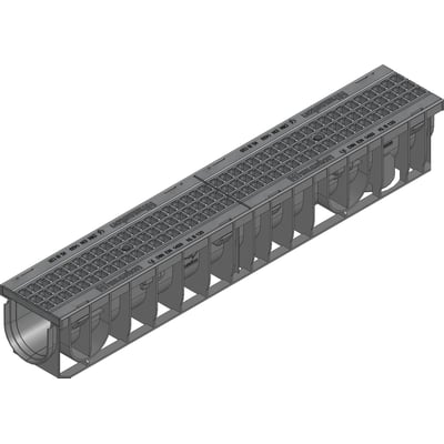 NID rende med rist, 1000 mm lang, 160 mm bred og 150 mm dyb, fremstillet i sort PA-GF materiale med belastningsklasse B125.