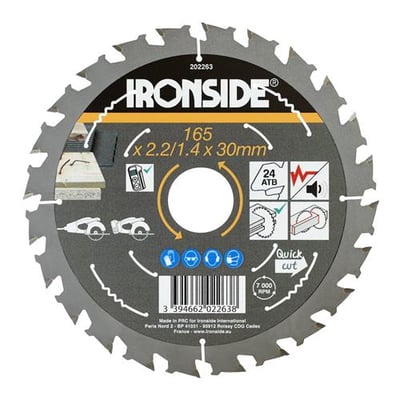 Ironside rundsavklinge på 165 mm med 24 tænder og trykt mærkning, til skæring i træ med søm.