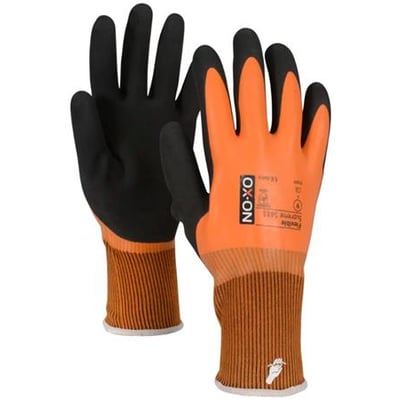 OX-ON Flexible Supreme 1611 arbejdshandsker i størrelse 7 med orange og sort dobbelt latex-belægning og stribet manchet.