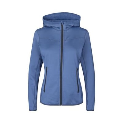 ID Identity sporty fleece cardigan til damer i stormy blue, str. 4XL, med hætte og YKK lynlås.