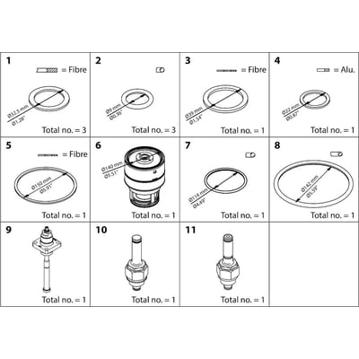 Oversigt over Danfoss Vedligeholdelsessæt til ICV 100 hus, viser 11 forskellige dele med dimensioner og materialetyper som fibre og aluminium.
