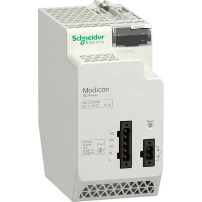 Schneider Electric Modicon AC Power for redundant strømforsyning, hvid, med logo og tekniske mærker.