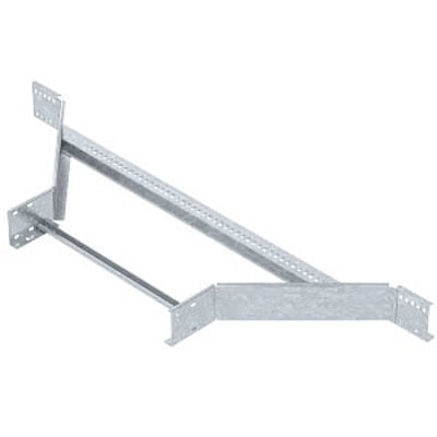 Vinkeldemonstration af OBO Bettermann T-stykke Add-on til kabelstige, visende beslagene til montering på 110 mm sidehøjde kabelstige.