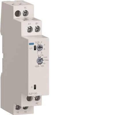 Hager EZF100 tidsrelæ med forsinket frafald, 8 A og 24-230 V AC/DC, set skråt forfra med tilslutninger og indstillingshjul.