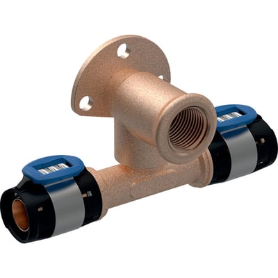 Geberit FlowFit T-tilslutningsvinkel 90°, 20mm x 1/2 x 20mm, fremstillet i blyfri rødgods, vist med klik-monteringsringe.