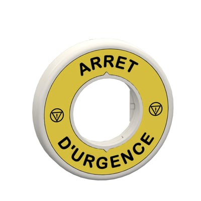 Schneider Electric nødstopskilt med gul baggrund og fransk tekst "ARRET D'URGENCE", til Ø22 mm nødstop.