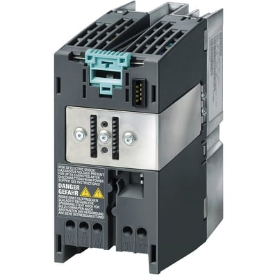 Siemens SINAMICS G120 PM240-2 power modul på 1,1kW med indbygget filter og bremsemodul, vist med tilslutningsklemmer.