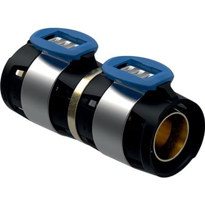 Geberit FlowFit overgang til Mepla med 40mm dimensioner, vist i perspektiv med sorte plastdele og blå pressehåndtag.