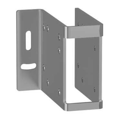 Schneider Electric U-montagebeslag til XUKL laser fotoceller, lavet af metal, med monteringshuller og slidser.