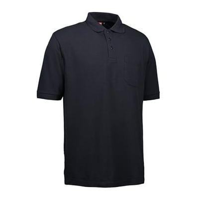 ID Identity klassisk navy poloshirt i størrelse XS, fremstillet i piquékvalitet med brystlomme og ribdetaljer.