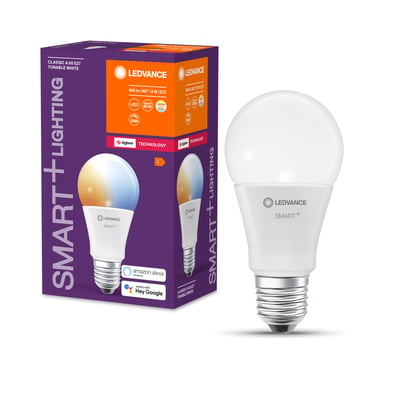 Ledvance Smart+ LED-pære med mat hvid kuppel og E27-fatning ved siden af den lilla og orange Zigbee-emballage.