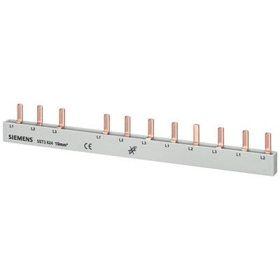 Siemens 5ST3 624 10mm² stift-samleskinne med 3 faser, N og 8 faser, CE-mærke og berøringssikkerhedssymbol.