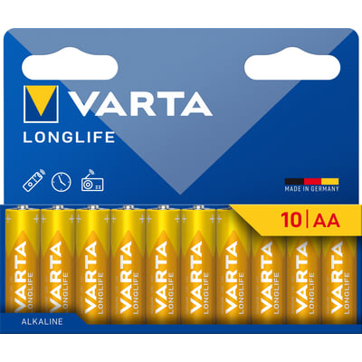 VARTA LONGLIFE AA Alkaline batterier i en 10-pak med guldfarvet design og blåt logo med hvid skrift.
