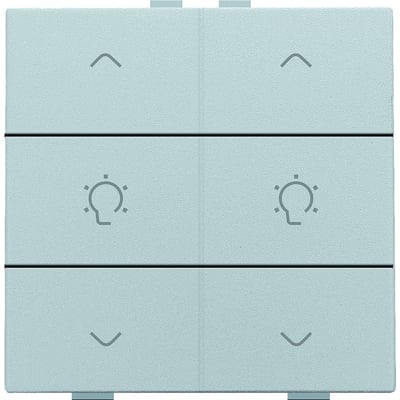 Niko Dobbelt dæmpertryk i sterling design, lyseblå, med symboler for op, lys og ned på hver side af de to trykflader.