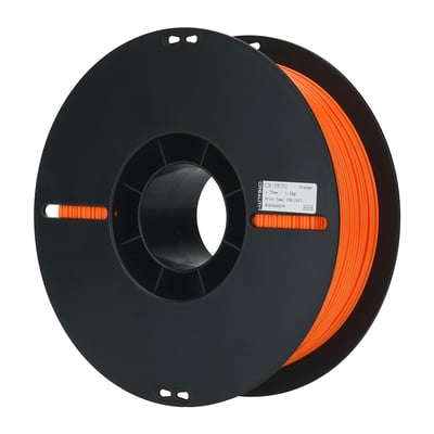 Orange CR-PETG-filament på sort spole, set skråt forfra; filamentet har en diameter på 1,75 mm og vejer 1 kg.