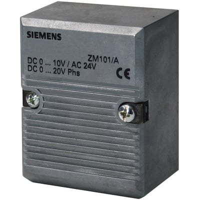 Siemens ZM101/A elektronikhus til køleventil, viser mærke og tekniske specifikationer samt CE-mærke.