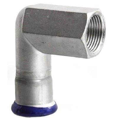 Unico 90 graders overgangsvinkel i rustfrit stål med 18mm pressmuffe og 1/2" indvendigt gevind.