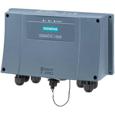 Siemens SIMATIC HMI standard tilslutningsboks til mobilpaneler, grå, med Profinet og Profisafe. Viser fronten med logo og indikatorer.