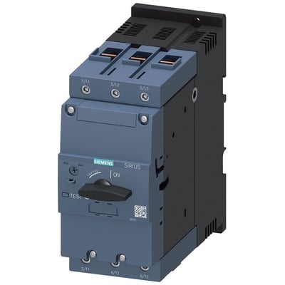 Siemens SIRIUS 3RV2 motorværn i mørkeblå og sort, 3-polet med drejehåndtag og mærkater for 1/L1, 3/L2, 5/L3 og 2/T1, 4/T2, 6/T3.
