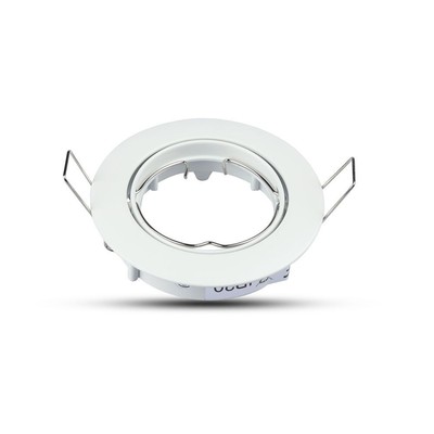 Hvidt rundt V-TAC-downlightkit med MR16-fatning og synlige monteringsfjedre, set skråt forfra.