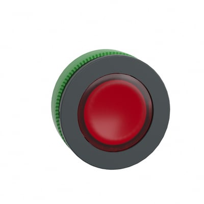 Nærbillede af et rødt, flush trykknaphoved fra Schneider Electric Harmony XB5/ZB5 serien med 22mm diameter.