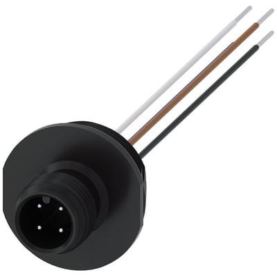 Siemens 4-polet M12 positionsstik med tre farvede ledninger (hvid, brun, sort) på hvid baggrund.
