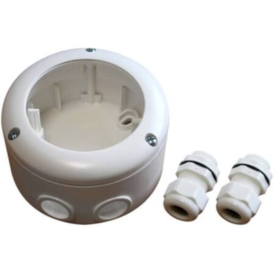 B.E.G. Underlag IP65 PD4-I, et rundt hvidt kabinet med to hvide kabelgennemføringer ved siden af, designet til øget beskyttelse.