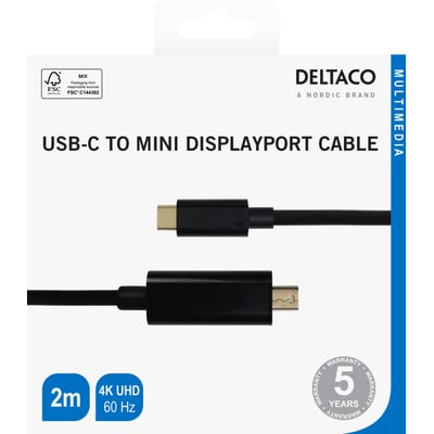 Emballagen til Deltaco USB-C til mini DisplayPort-kabel, sort og 2 meter, viser kabelenderne og 4K UHD ved 60 Hz.