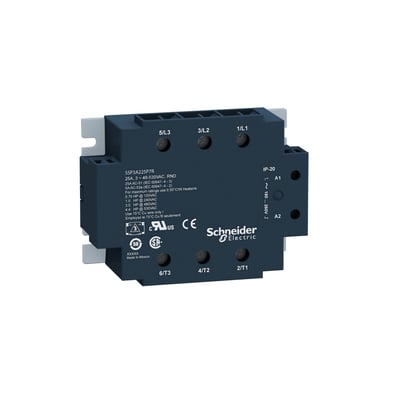 Schneider Electric solid state relæ for bundmontage, 3-faset, 25A, 48-530VAC med monteret køleplade og tydelig mærkning.
