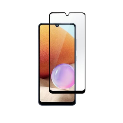eStuff Titan Shield fulddækkende skærmbeskyttelse i hærdet glas til Samsung Galaxy A32 4G vises foran telefonens skærm.