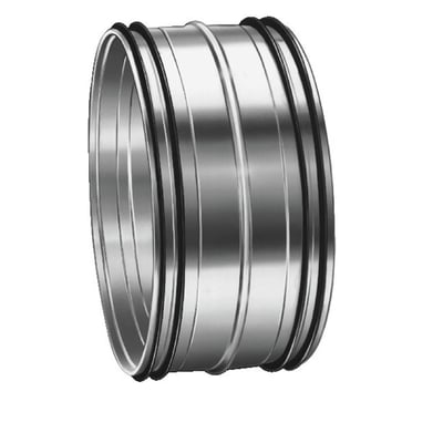 Rustfrit stål Lindab NPU nippel til 630 mm rør, viser den glatte, galvaniserede overflade og gummitætningerne.