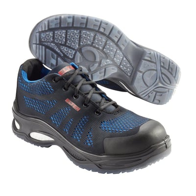 Sikkerhedssko Logan Blue S1 i sort og blå åndbar tekstil med snørebånd og komposit tåværn.