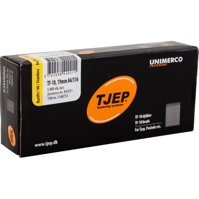 Box med 5.000 stk. TJEP TF18 19 mm dykkert i rustfri 4A/316 stål, mærket med UNIMERCO FASTENING og produktinformation.
