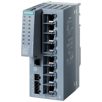 Siemens SCALANCE XC208G industrielle Ethernet switch med 8 RJ45-porte, diagnostik LED og konsolport på grå metalkabinet.